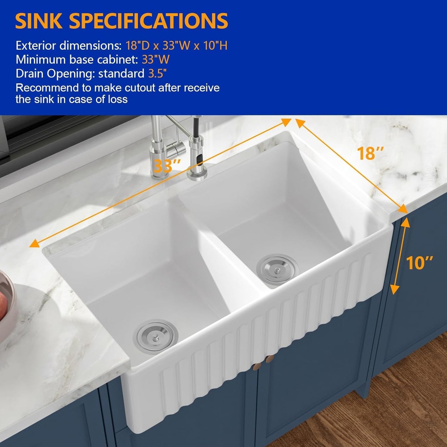 Yimilla 3320 White Farmhouse Sink 33x22x8"