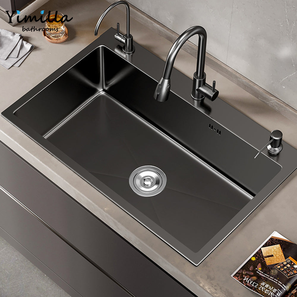 Black Undermount Kitchen Sink with Pull-Out Faucet - Large Single Bowl