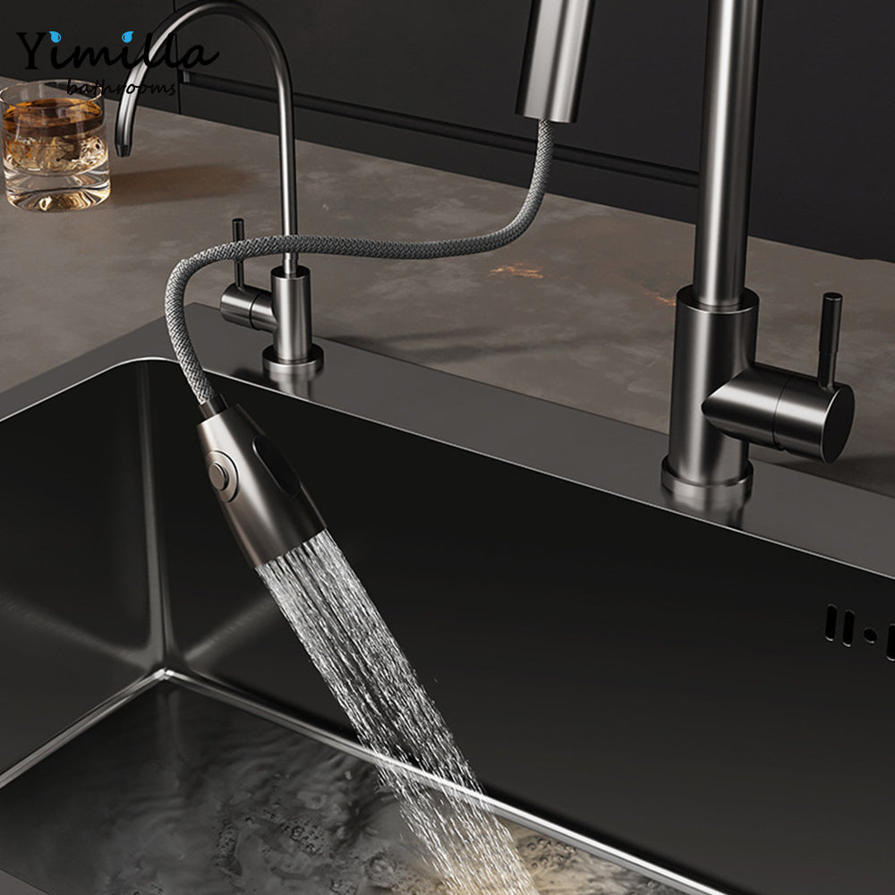 Black Undermount Kitchen Sink with Pull-Out Faucet - Large Single Bowl