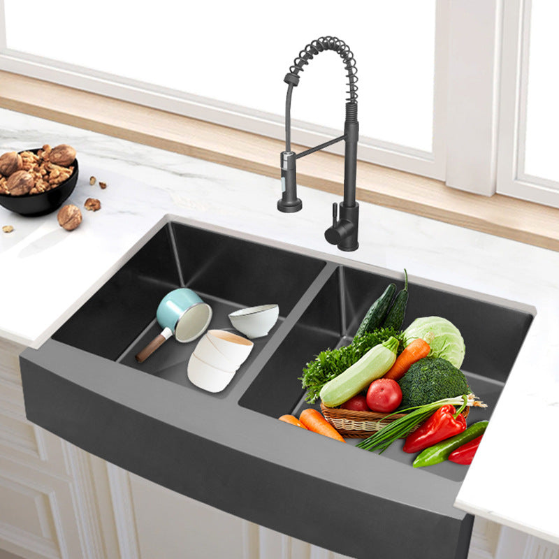 Farmhouse Kitchen Workstation Apron Front Sink - Black Stainless Steel Double Bowl with Accessories