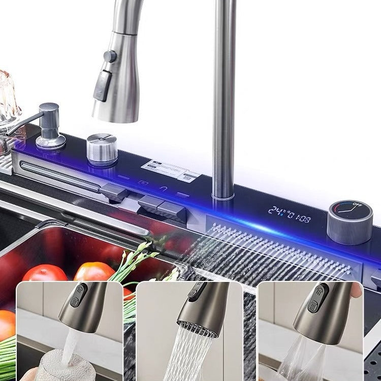 LED Waterfall Kitchen Sink with Drying Rack-Large size 304 Stainless Steel sink