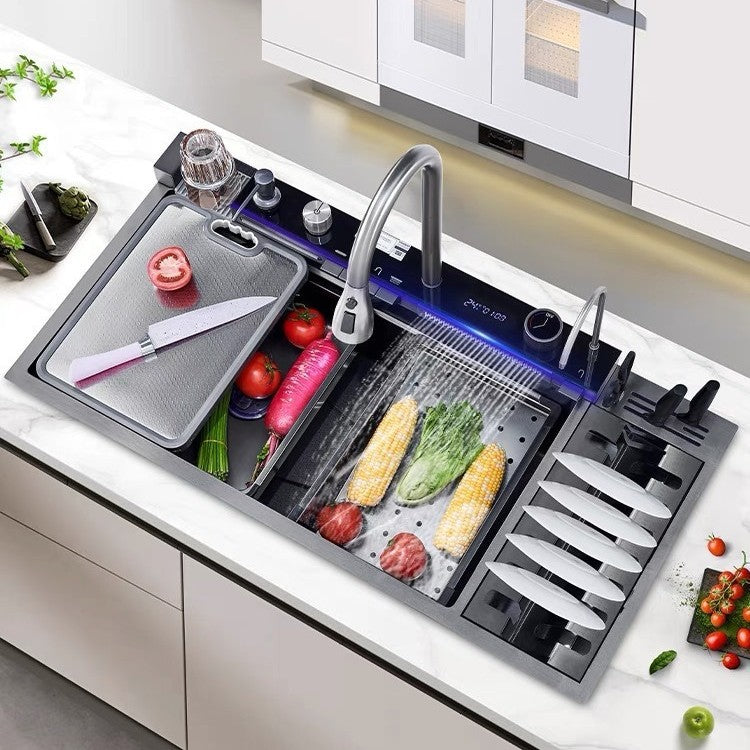 LED Waterfall Kitchen Sink with Drying Rack-Large size 304 Stainless Steel sink