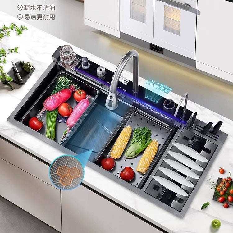 LED Waterfall Kitchen Sink with Drying Rack-Large size 304 Stainless Steel sink