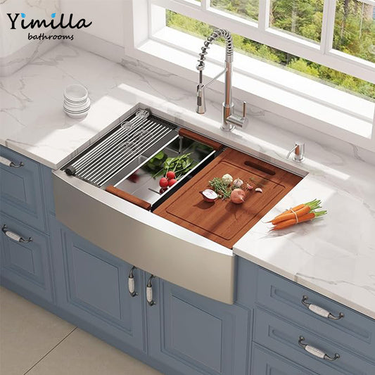 Large Farmhouse Kitchen Sink - 304 Stainless Steel Single Bowl Apron Front