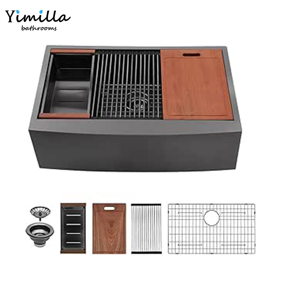 Black Farmhouse Kitchen Sink - 304 Stainless Steel Apron Front Sink