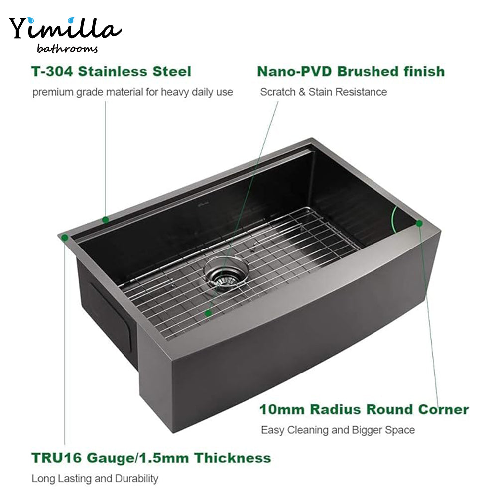 Black Farmhouse Kitchen Sink - 304 Stainless Steel Apron Front Sink