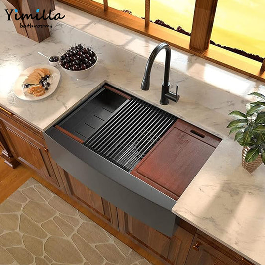 Black Farmhouse Kitchen Sink - 304 Stainless Steel Apron Front Sink