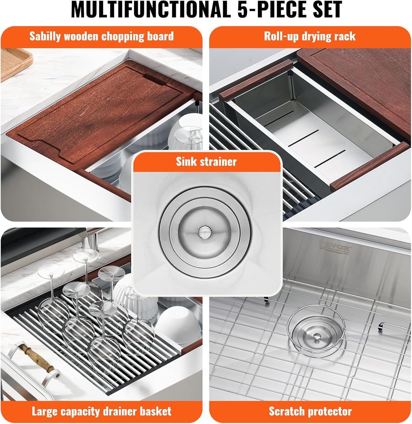 33" Farmhouse Kitchen Sink with Ledge & Accessories - 304 Stainless Steel Top Mount