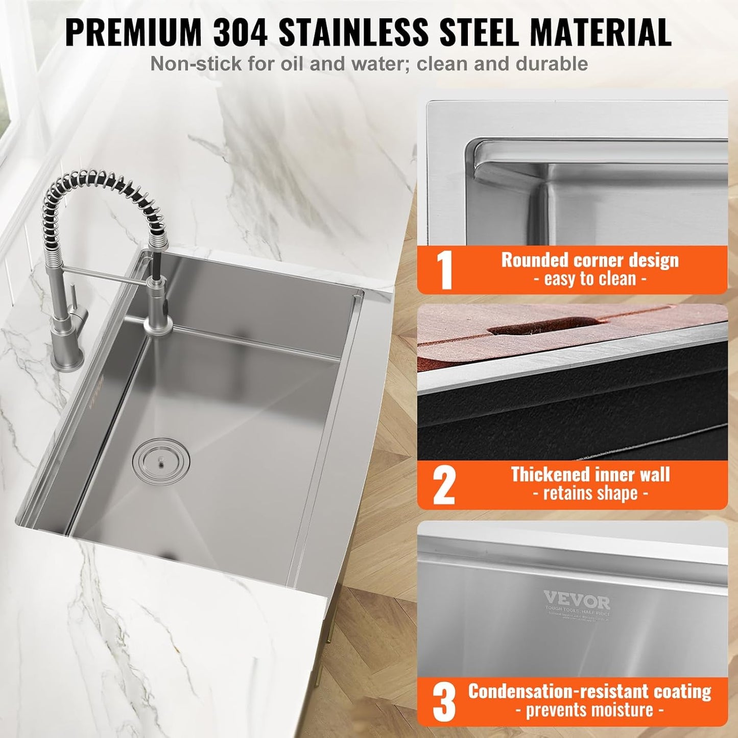 33" Farmhouse Kitchen Sink with Ledge & Accessories - 304 Stainless Steel Top Mount