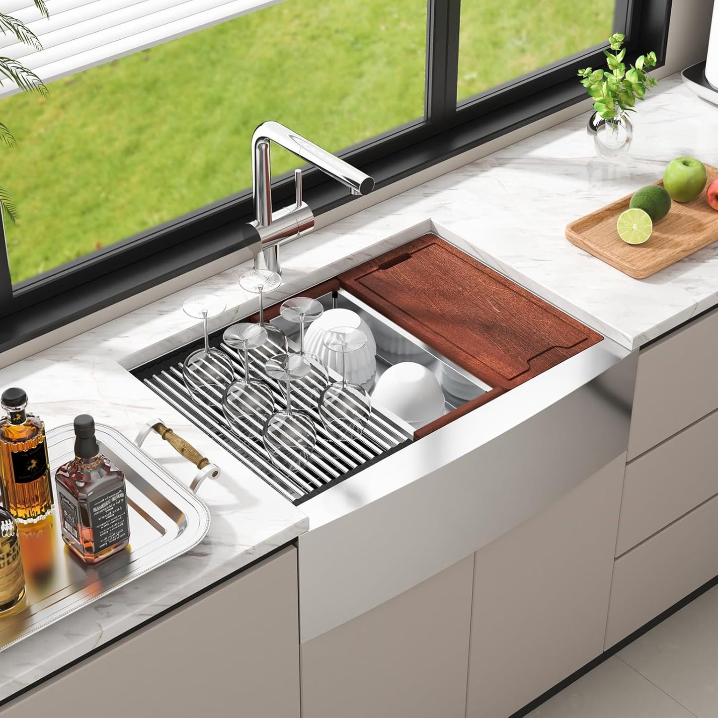 33" Farmhouse Kitchen Sink with Ledge & Accessories - 304 Stainless Steel Top Mount