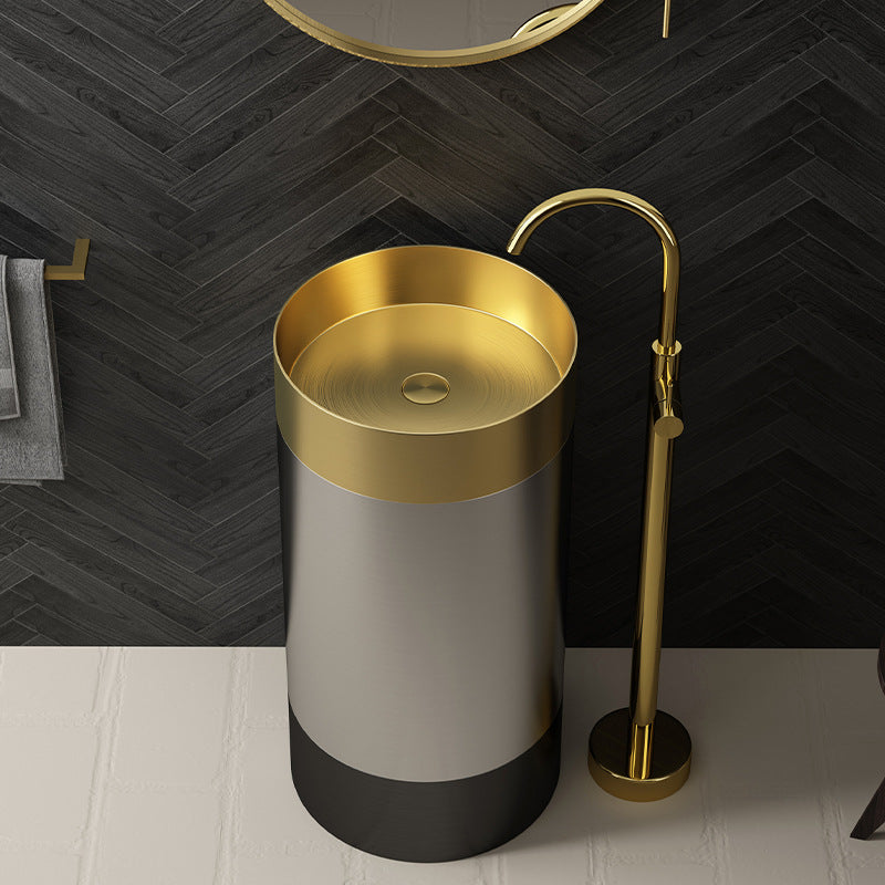 Premium SUS304 Stainless Steel Round Pedestal Bathroom Sink - Modern Freestanding Design