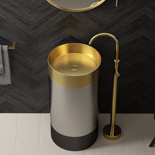 Premium SUS304 Stainless Steel Round Pedestal Bathroom Sink - Modern Freestanding Design