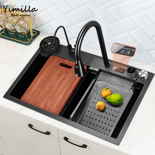 Nano-black stainless steel handmade kitchen sink- digital display kitchen faucet