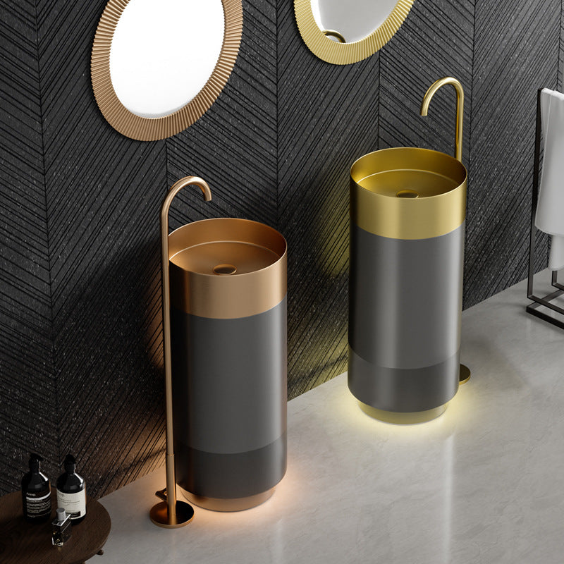 Premium SUS304 Stainless Steel Round Pedestal Bathroom Sink - Modern Freestanding Design