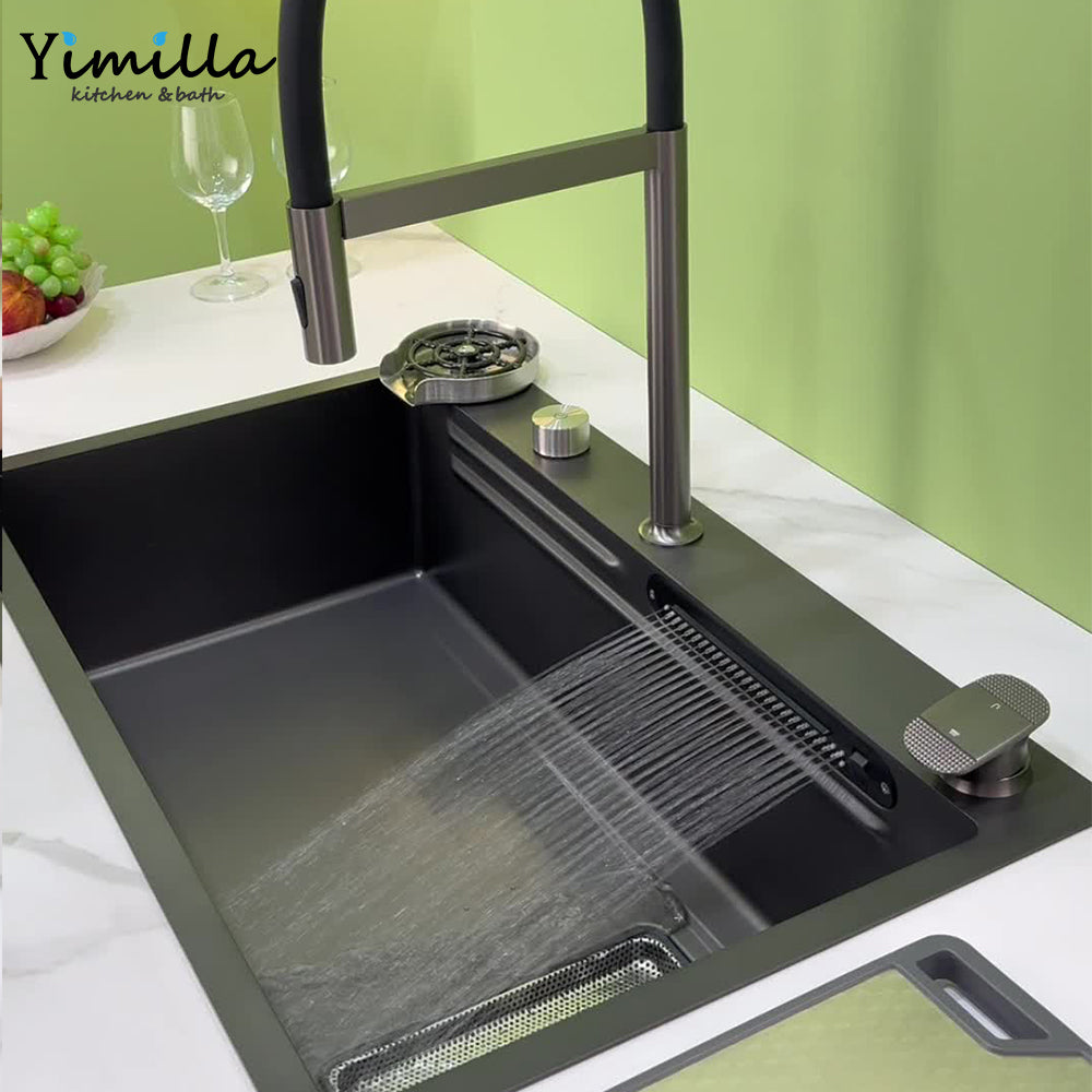 Dual Waterfall Faucet Workstation Sink - Modern Stainless Steel Single Bowl with Embossed Volcano Design