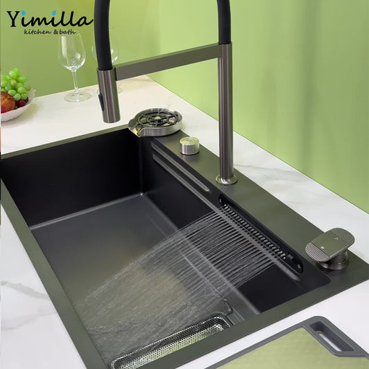 Dual Waterfall Faucet Workstation Sink - Modern Stainless Steel Single Bowl with Embossed Volcano Design