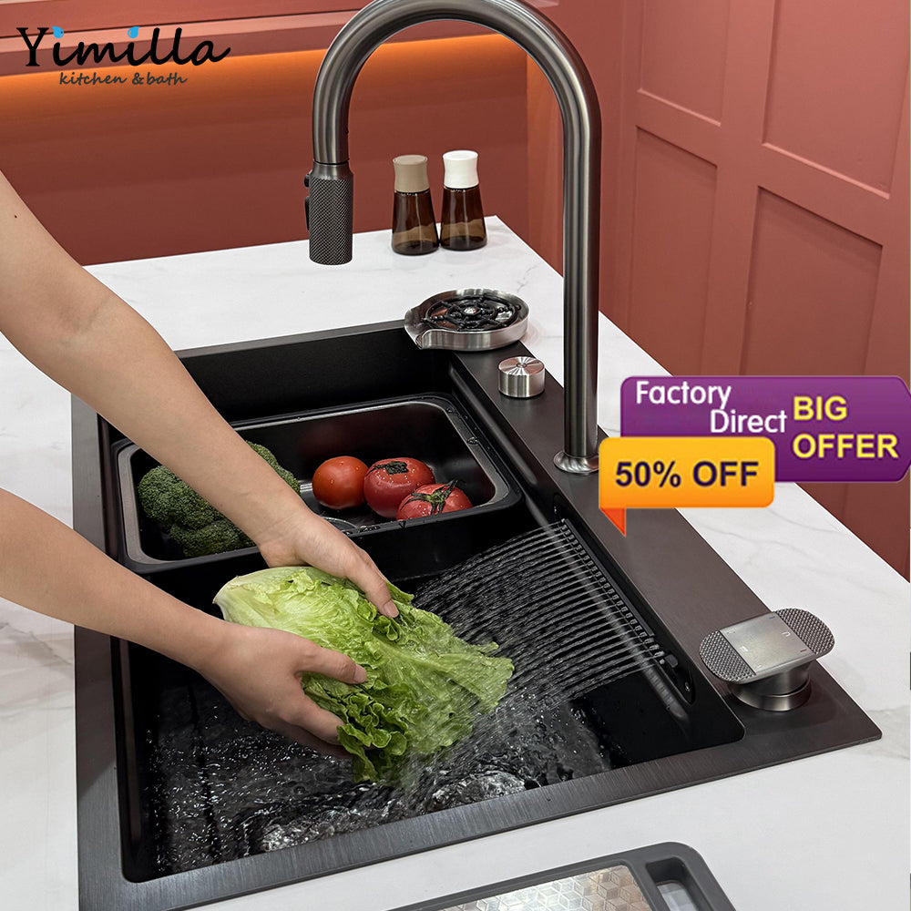 Dual Waterfall Faucet Workstation Sink - Modern Stainless Steel Single Bowl with Embossed Volcano Design