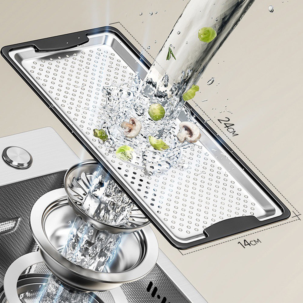 Dual Waterfall Faucet Workstation Sink - Modern Stainless Steel Single Bowl with Embossed Volcano Design