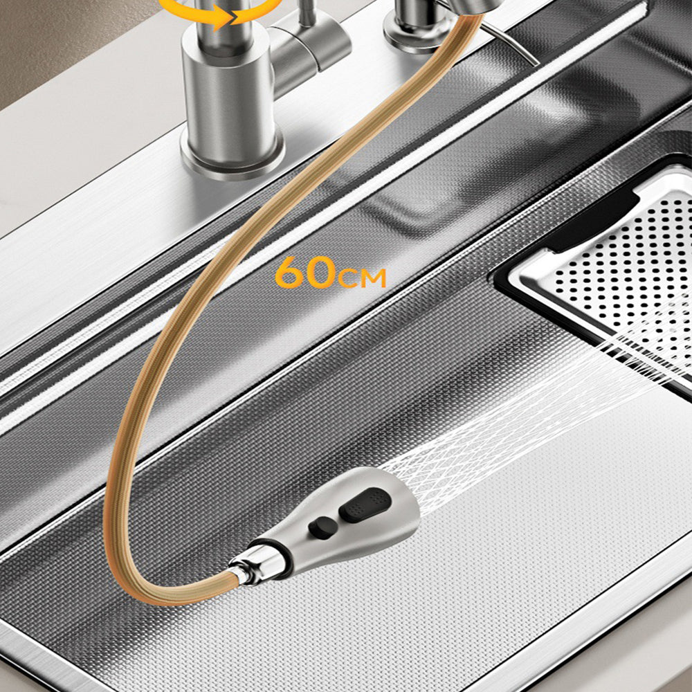 Dual Waterfall Faucet Workstation Sink - Modern Stainless Steel Single Bowl with Embossed Volcano Design