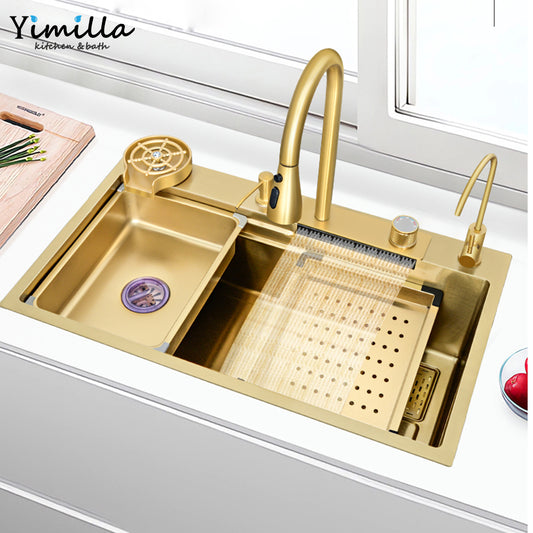 China Manufactured Stainless steel Brushed Gold Kitchen Sink With Waterfall Faucet