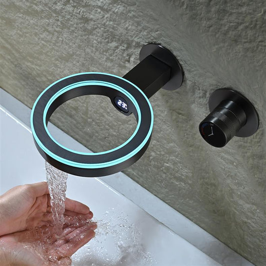 Luxury Wall Mounted Waterfall Basin Faucet - LED Digital Display with Thermostatic Control