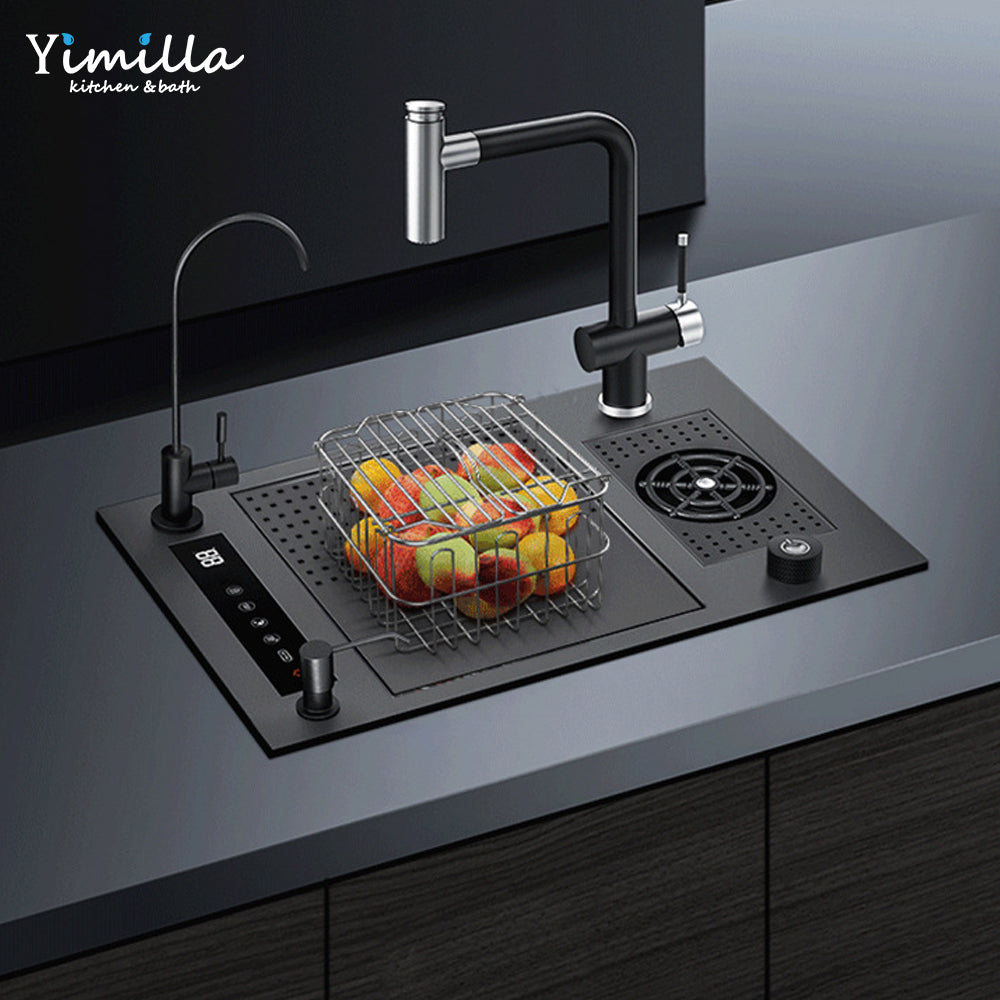 Smart Coffee Bar Sink - Handmade Single Bowl Black Kitchen Sink with Cover