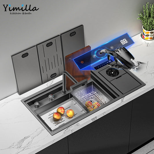Smart Black Stainless Steel Kitchen Sink - Double Bowl with Water Purification System