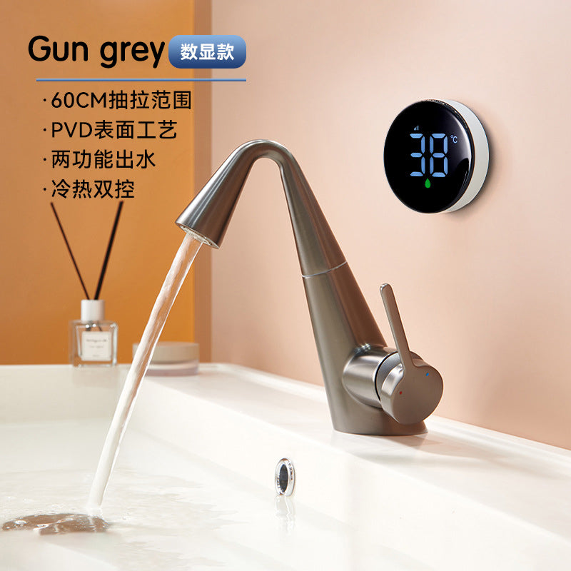 Modern Digital Bathroom Faucet - Single Handle Pull-Down Vanity Sink Tap with Dual Outlet Modes