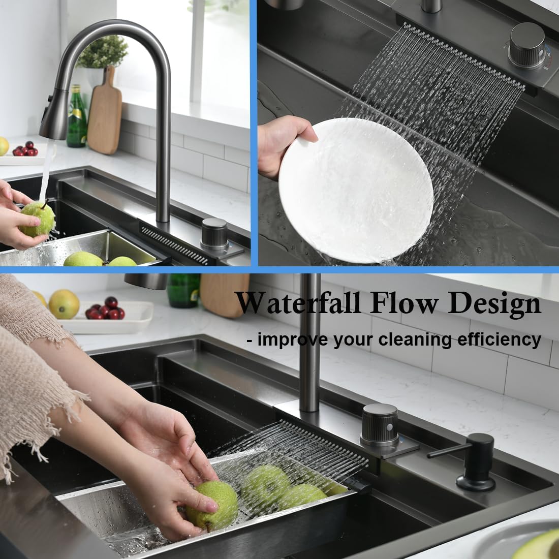 33" x 22" Black Stainless Steel Drop-In Kitchen Sink with Waterfall Faucet - 16 Gauge