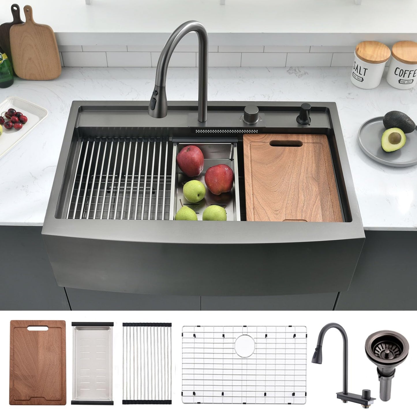 33" x 22" Black Stainless Steel Drop-In Kitchen Sink with Waterfall Faucet - 16 Gauge