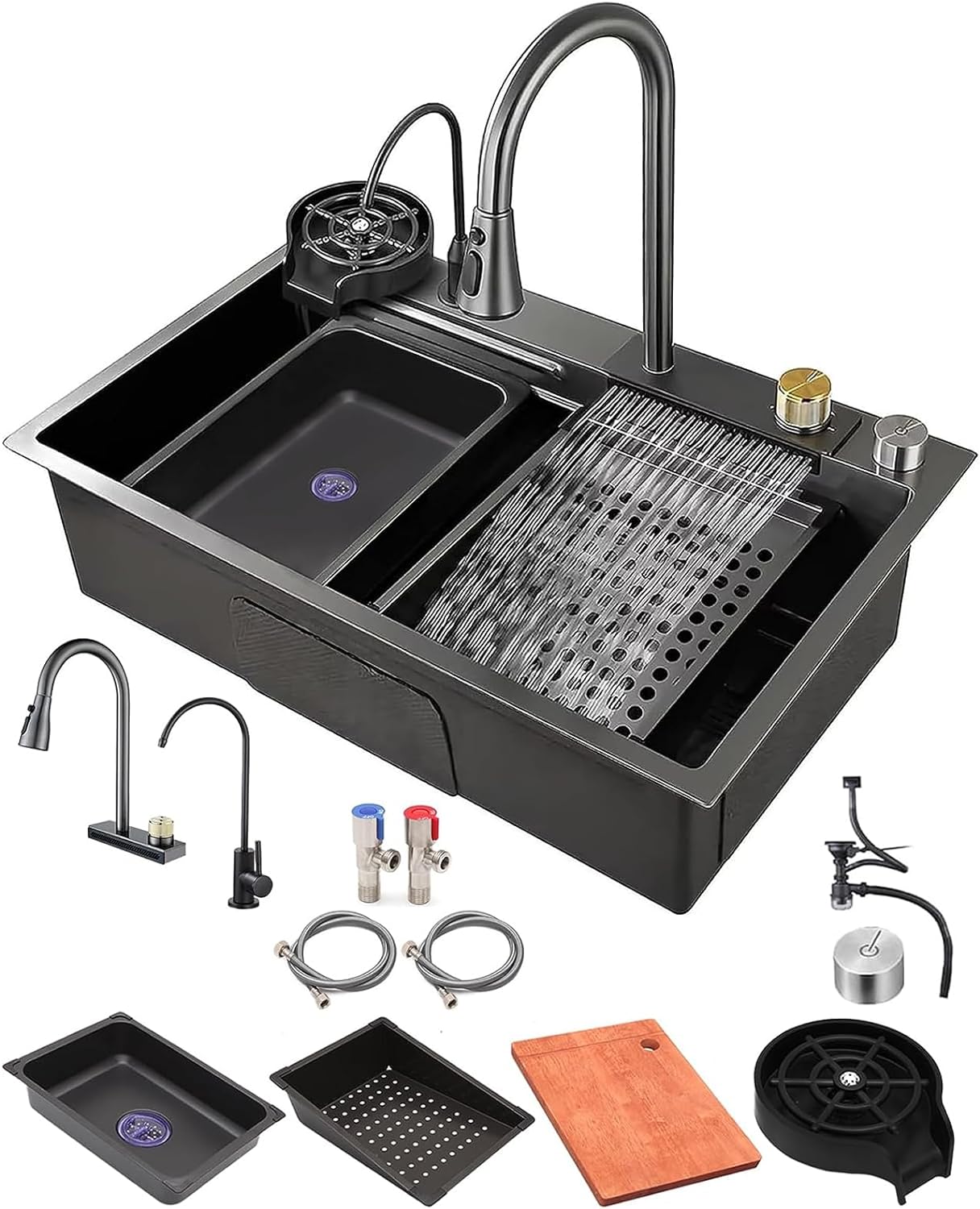 Multifunctional Topmount Kitchen Sink with Waterfall Faucet Cup Washer