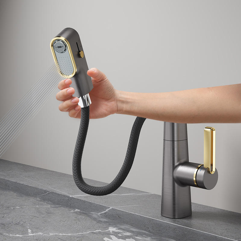 Pull-Out Bathroom Faucet with Rotating Spout - 3-Mode Sprayer Single Handle Vanity Tap