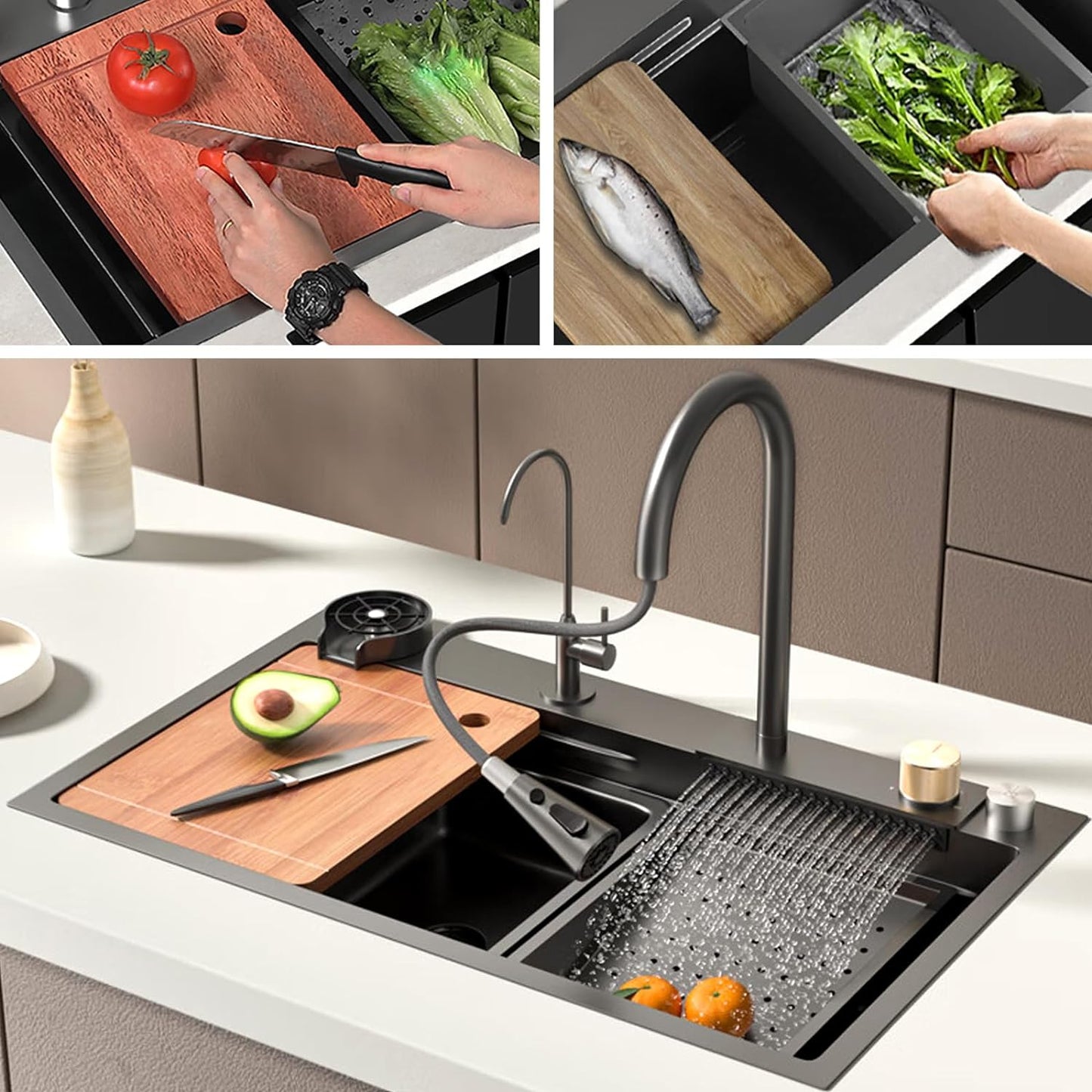 Multifunctional Topmount Kitchen Sink with Waterfall Faucet Cup Washer