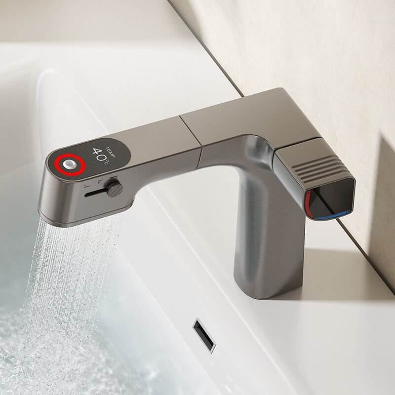 Smart Digital Display Bathroom Faucet - Single Handle Pull-Out Basin Mixer with Temperature Display