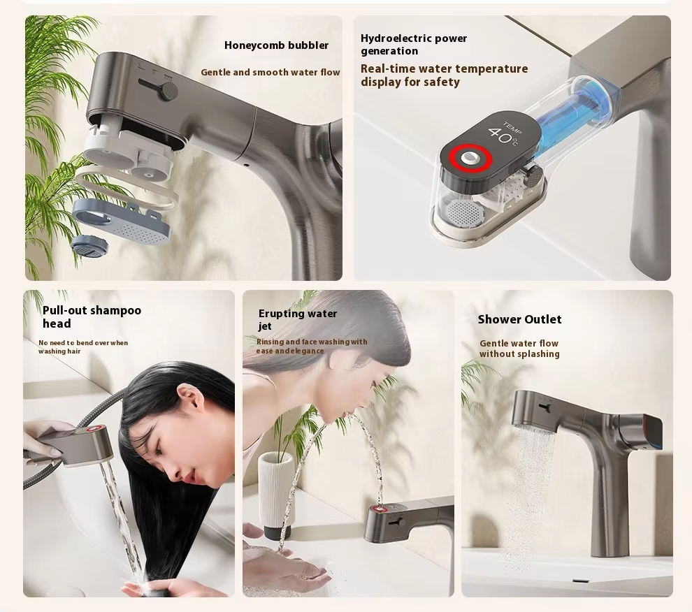 Smart Digital Display Bathroom Faucet - Single Handle Pull-Out Basin Mixer with Temperature Display