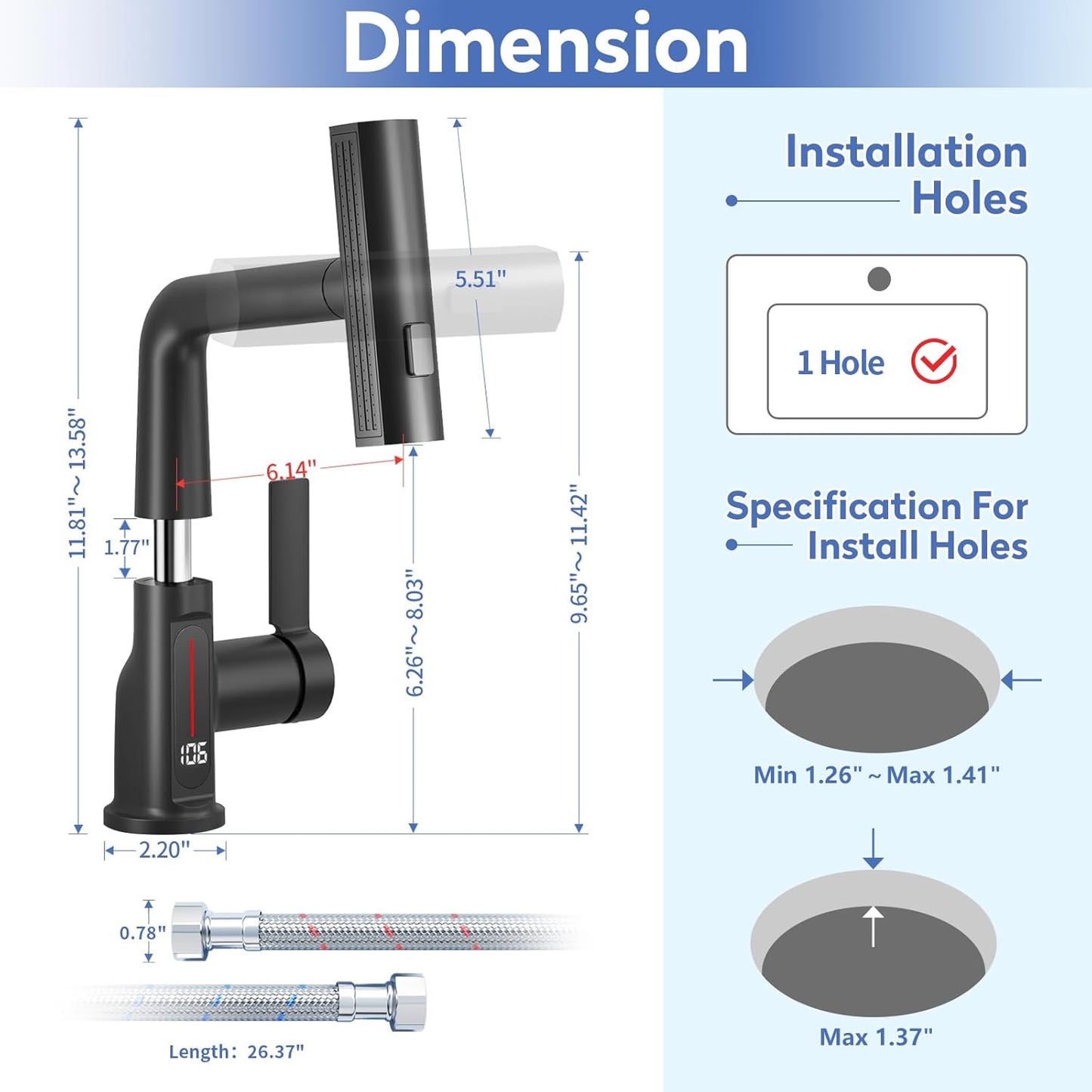 Smart LED Bathroom Faucet with Temperature Display - 360° Swivel Pull-Out Sprayer Sink Tap