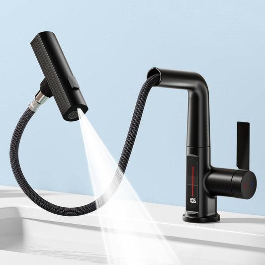 Smart LED Bathroom Faucet with Temperature Display - 360° Swivel Pull-Out Sprayer Sink Tap
