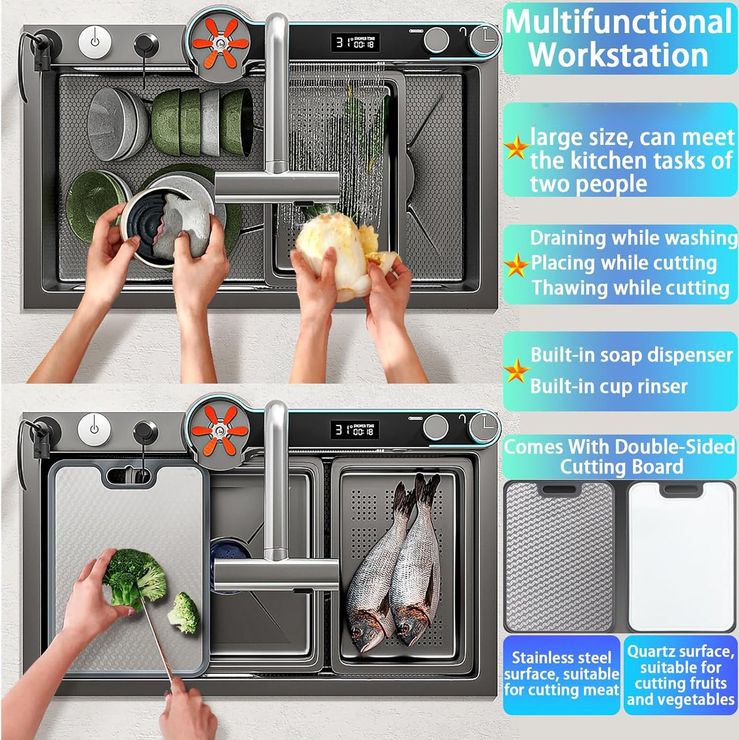 Luxury Smart Kitchen Sink - Stainless Steel Countertop Installation