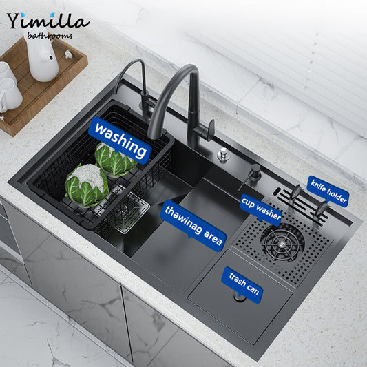 Smart Black Kitchen Sink with Built-in Dishwasher - 304 Stainless Steel