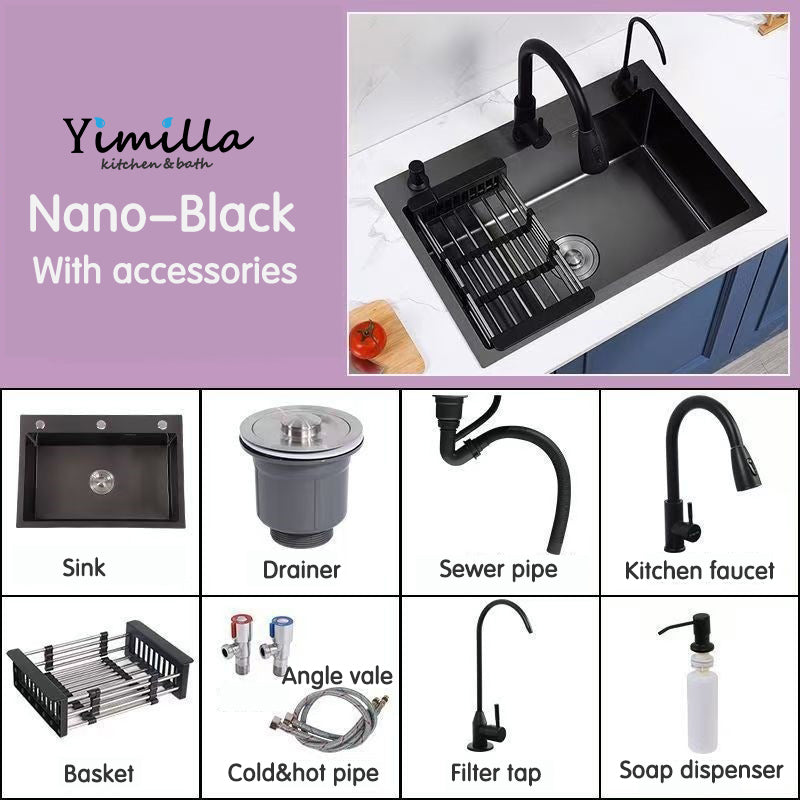Black Undermount Kitchen Sink with Pull-Out Faucet - Large Single Bowl