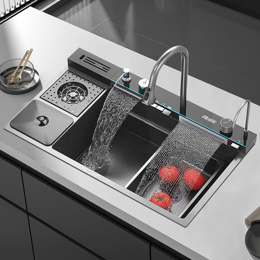 Smart Waterfall Kitchen Sink, Stainless Steel Kitchen Sinks Workstation with Digital Display Pull-Out Faucet