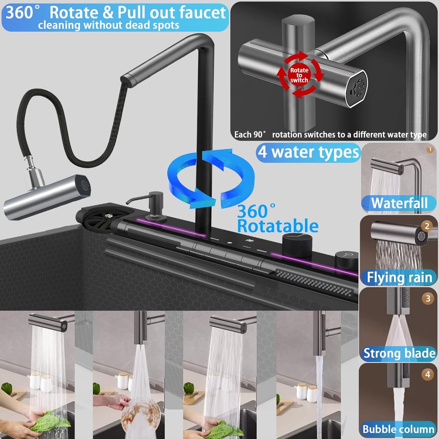 Smart Waterfall Kitchen Sink - Stainless Steel Drop-In Single Bowl with Advanced Flow Technology