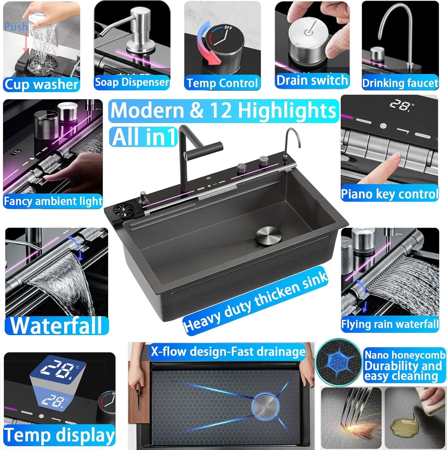 Smart Waterfall Kitchen Sink - Stainless Steel Drop-In Single Bowl with Advanced Flow Technology