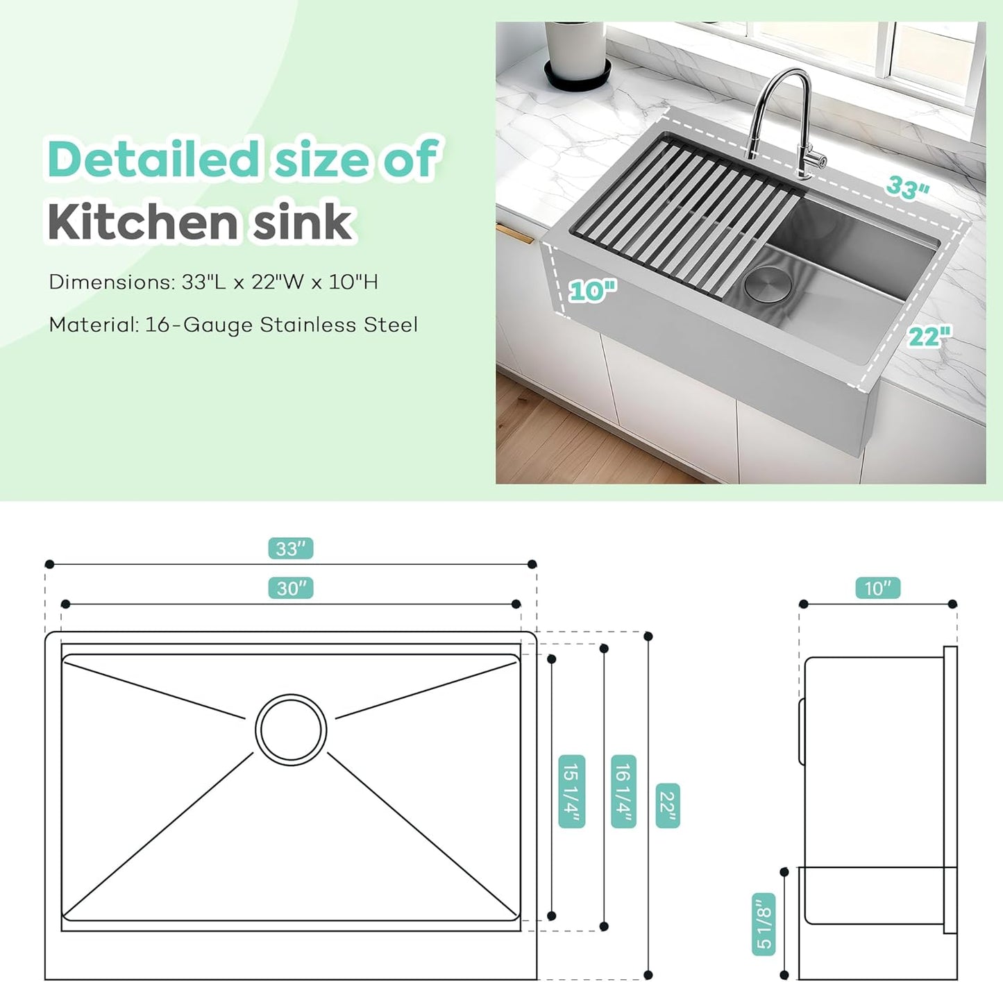 33" Farmhouse Apron Front Workstation Kitchen Sink - 16 Gauge Stainless Steel
