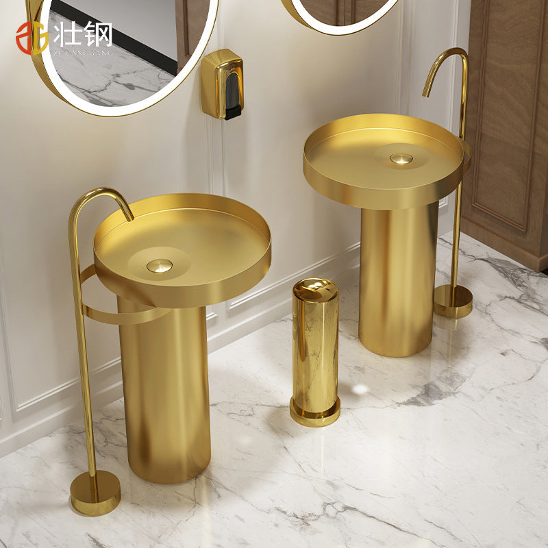 Floor Standing Stainless Steel Pedestal Bathroom Sink with Complete Drain Kit
