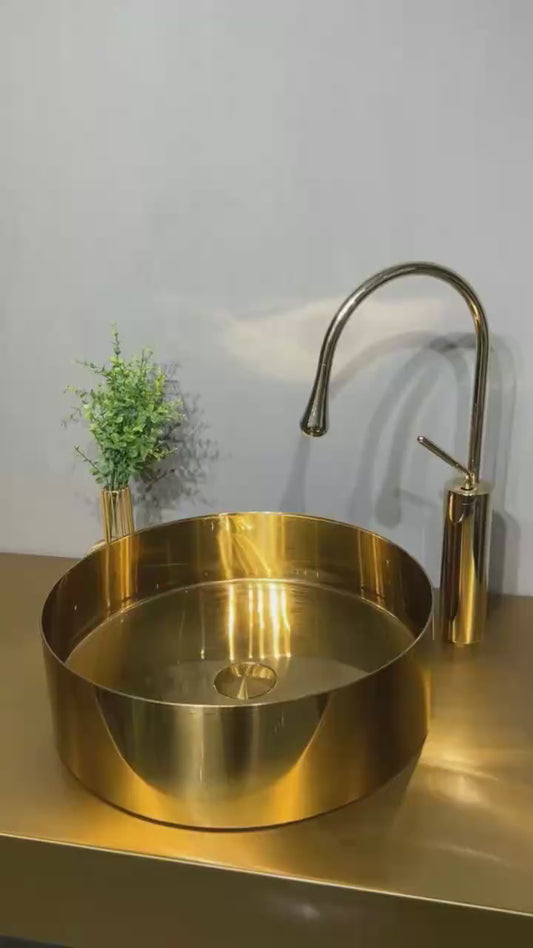 14.8" Round Bathroom Vessel Sink, Stainless Steel Vessel Sink with Pop-Up Drain Stopper