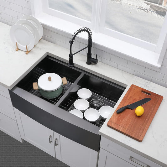 Farmhouse Kitchen Workstation Apron Front Sink - Black Stainless Steel Double Bowl with Accessories