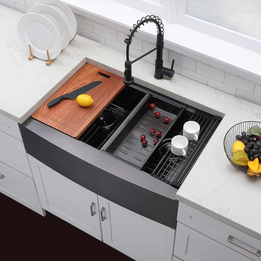 Farmhouse Kitchen Workstation Apron Front Sink - Black Stainless Steel Double Bowl with Accessories