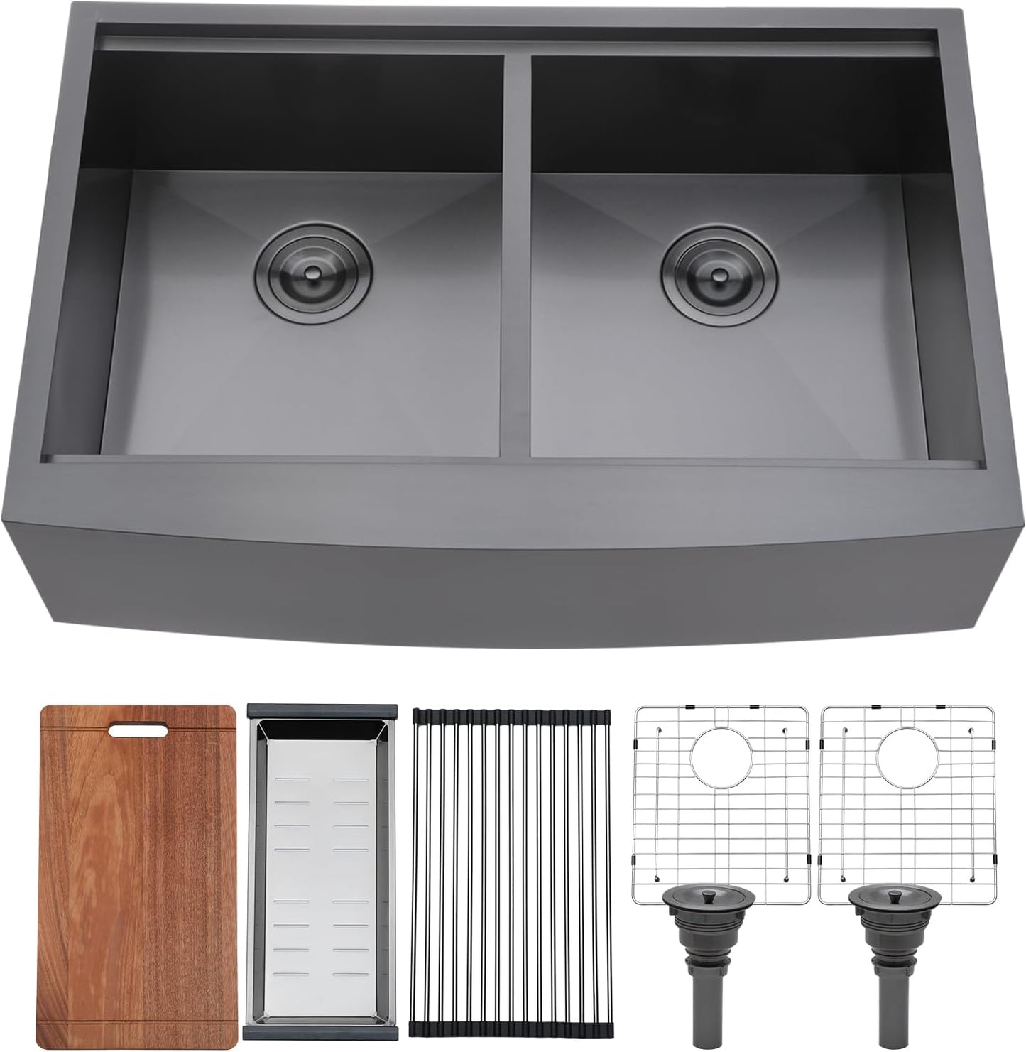 Farmhouse Kitchen Workstation Apron Front Sink - Black Stainless Steel Double Bowl with Accessories