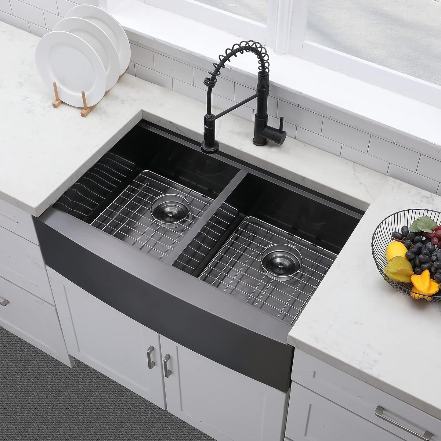 Farmhouse Kitchen Workstation Apron Front Sink - Black Stainless Steel Double Bowl with Accessories